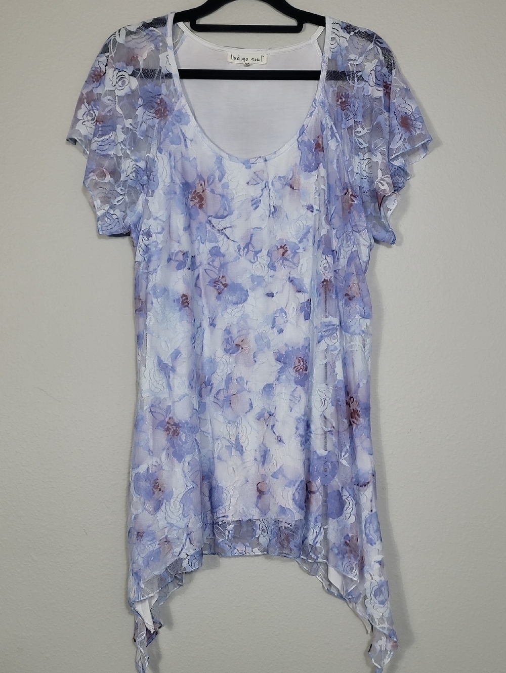Indigo Soul Sheer Lace Overlay Tunic Top Size L Blue White Sharkbite Fairycore